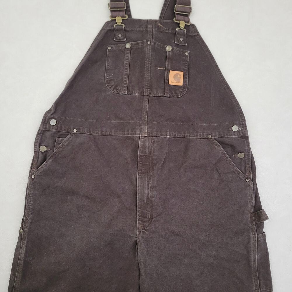 Y2k Carhartt Bib Overalls Brown Double Knee R06 DKB Unlined Workwear 44x32 - Picture 6 of 13